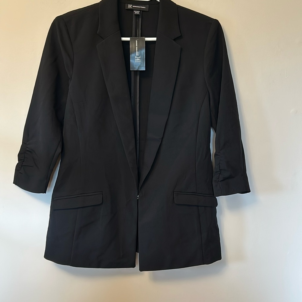 INC black dressy black blazer pockets V neck polyester spandex size medium